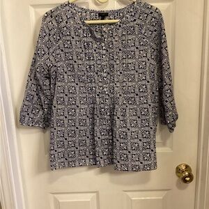 Talbots Navy and White Patterned Blouse